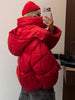 Women Bright Red Hooded Puffer Jacket Oversized Collar Horizontal Quilted Thick Padded Cropped Coat Warm Outerwear Winter Coats