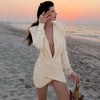 Deep V-Neck Shoulder Pads Gathered Dress Women Sexy Hip Wrap Slim Cross Dress Female Daily Dating Party Dress
