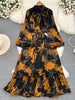 Spring Autumn Women's Long Sleeved Dress Temperament Loose Large Size Lace Up Printed Long Dress Female C329