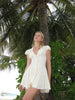 Cream White Polka Dot Mini Dress Women Deep V Neck Short Puff Sleeve Pleated Front Buttons Slim Fit Casual Party Dresses