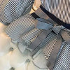 Women Elegant Sets V-Neck Stripe Lantern Sleeve Bow Belt Chiffon Shirt & Blouse Top Korean Ripped Jeans Office Lady Casual Suits