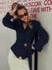 Striped Print V-neck Ribbon Suit Coat For Women Long Sleeve Buttons Office Lady Top Elegant Female Blazer Outwear