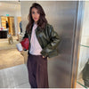 Women Lapel Collar Single Button Croc Embossed Leather Jacket Long Sleeve Drop Shoulder Patch Pocket Loose Retro Short Street