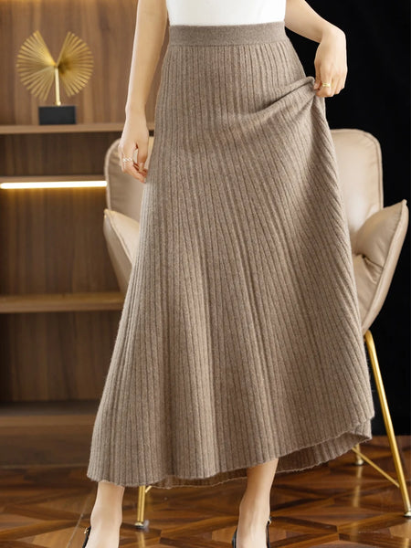 Women Autumn Winter Wool Skirt Long Pleated Skirt 100% Merino Wool Knitwear Grace Soft Dress Korean Style Skirt