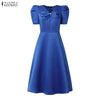 Women's Elegant Satin Silk Party Dress Puff Sleeve V-Neck Bow A-Line Midi Dresses Wedding Guest Cocktail Robes Femme
