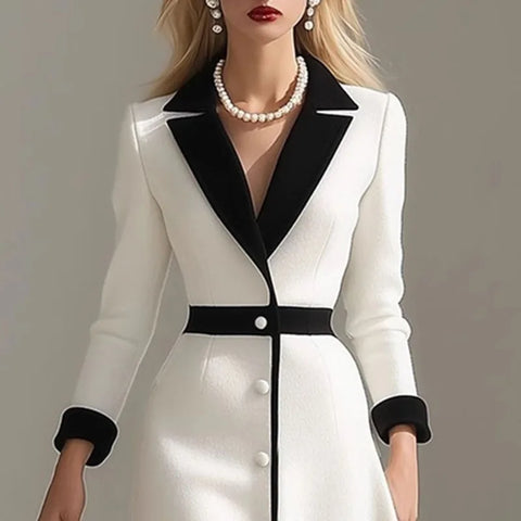French Color Block Notched Collar Blazer Dresses Woman Button Decoration A-Line Office Dress Fall 3/4 Sleeve Elegant Party Dress