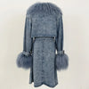 Lady Denim Jacket Mongolian Fur Collar Jacket Autumn Winter Long Trench Coat Fur Detachable Collar Fur Overcoats