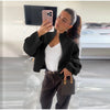 Women Solid Cropped Zip‑Up Knit Jacket Stand Collar Zipper Long Sleeve Loose Short Sweater Autumn Casual Commute Outerwear