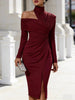 Elegant Hight Waist Draped Bodycon Dresses High Collar Split Midi Dress Women Casual Long Sleeve Solid Slim Party Dress