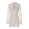 Turtleneck Long Flare Sleeve Patchwork Lace Hollow Out Button Sexy Mini Dress Spring Women Clothes Party Nightclub