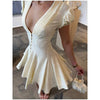 Solid Polka Dot Women's Mini Dress Deep V Neck Puff Sleeve Pleated Front Button A-line Short Dresses Elegant Party Lady Gown