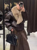 Ladies Winter Retro Fur Collar Leather Jacket V‑Neck Full Lapel Long Sleeve Double Breasted Urban Warm Casual Outer