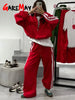Red Women's Tracksuit with Zipper Trousers Stripes Two Piece Set Women Classic Cotton Autumn Brown Tracksuit for Women