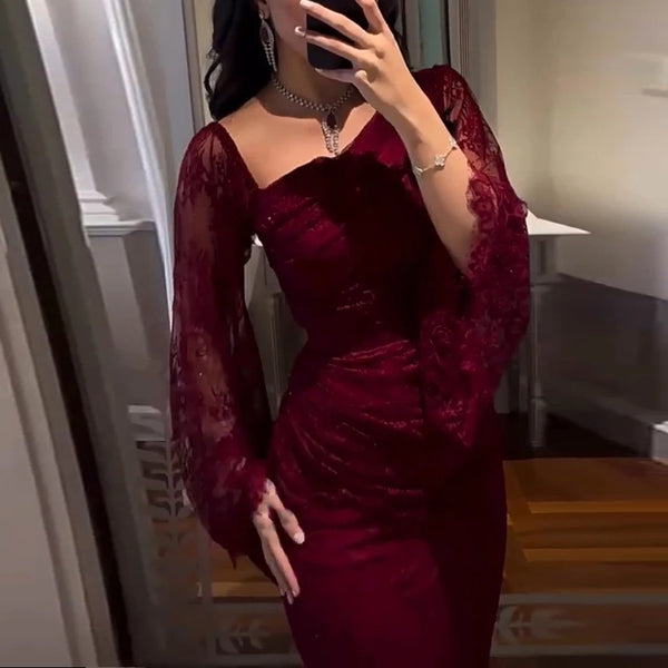Elegant Temperament Long Sleeved Dress Lace Slim Fit Women's Party Dress Fall Asymmetrical High Waist Draped Banquet Dress Mujer