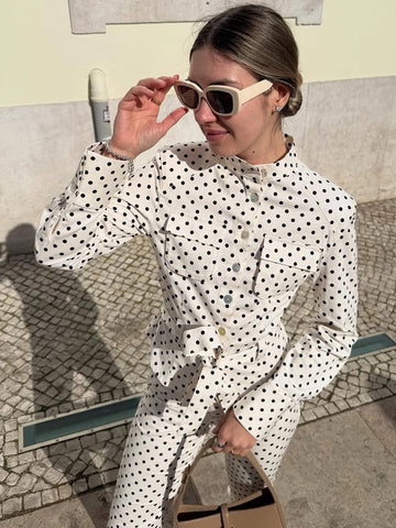 Polka Dot Cropped Pants Set For Women Y2K Stand Collar Lace Up Jacket High Waist Capri Pants Lady Street 2 Pieces Outfit