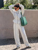 Women Black Track Suit Jacket Two Piece Suit Zip Up Cinch Waist Coat Wide Leg Pants Lady Autumn Street Matching Set
