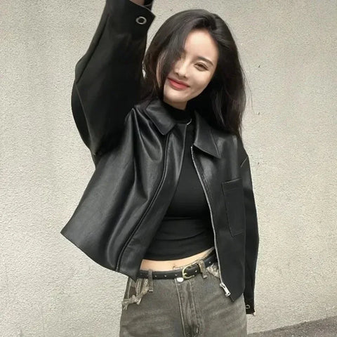 Black PU Leather Women Jackets Korean Zipper Biker Short Jacket Woman Autumn Winter Casual Loose Turndown Collar Coat
