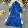 Spring Vintage Loose Dresses Women Lantern Sleeve Turn-down Collar Solid Single Breasted Casual Folds Long Dress