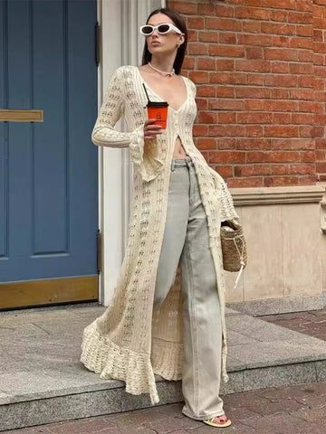 Deep V Neck Long Cover Up Dress Women Sexy Hollow Elegant Long Cardigan Dresses Autumn Winter Street Casual Knit Dress