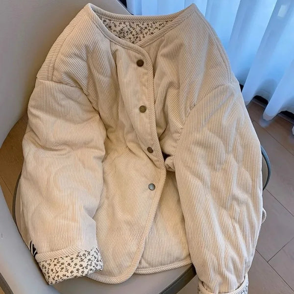 Corduroy Patchwork Floral Diamond Grid Women's Cotton Jacket Autumn Winter Loose Casual Versatile Women Cotton Jacket
