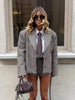 Women Plaid Shoulder Pad Jacket Shorts Set Casual Stand Collar Full Sleeve Belted Buttons Blazer Suit Lady Daily Street Outfits