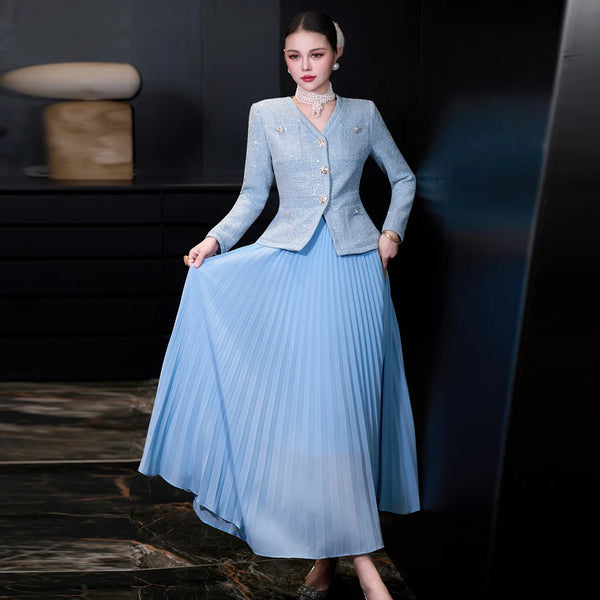 Ladies Suit Set Festival Outfit for Woman Autumn Winter Sequin Tweed Jacket Skirt 2 Piece Matching Set Dress