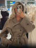 Beige Checkered Cropped Trench Coat Women Stand Collar With Waist Belt Loose Oversized Autumn Daily Wear Outer Jacket