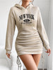 Women's Rest Elegant Hooded Strap Long Sleeve Letter Printed Solid Color Waist Skirt Strap Dress Mini Skirt Length