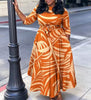Plus Size Women Leaf Print Midi Dress, 3/4 Sleeve Tie Waist A Line Flowy Dress With Pockets