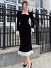 Velvet Lace Patchwork Dress Square Collar Waist Cinched Slim Fit Party Gown Robes Elegant Women Wrap Hip Fishtail Long Dresses
