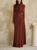 Solid Draped Neckline Long Dress Women Elegant Full Sleeve Cinched-waist Pleated Bodycon Robe Lady Chic Evening Dinner Gown