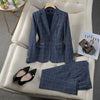 Khaki Blue Plaid Suits Women Spring Prfessional High End Casual Blazer And Pants Sets Office Lady Work Wear