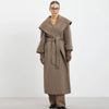 Elegant Shawl Collar Lace Up Long Woolen Coat Women Full Sleeve Belt Lapel Thick Overcoat Autumn Winter Lady Chic Outwear