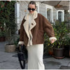 French Vintage Lamb Wool Women Coat Patchwork Full Sleeve Lapel Parka Coat Loose Winter Warm Jacket Thicken Pocket Lady Overcoat