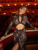 Hollow Out Lace Split Long Sleeve Women Dresses Evening Party Outfits O Neck Sheath Sexy Club Elegant Bodycon