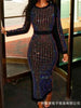 Sequin Round Neck Women Dress Striped Solid Splice Party Tight High Waist Casual Sexy Hip Wrap Long Sheath Dresses