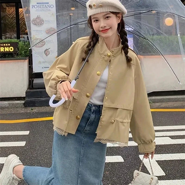 Women's Short Jacket Spring Autumn Korean Version Loose Ladies Coat Lace Stitching Short Female Outerwear