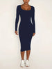 Womens Long Sleeve U-Neck Party Bodycon Midi Jumper Dress Stretch Winter Dresses