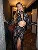 Hollow Out Lace Split Long Sleeve Women Dresses Evening Party Outfits O Neck Sheath Sexy Club Elegant Bodycon