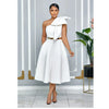 Women Big Bow Shoulder Skew Collar Big Swing Knee Length Dress Belt Street Vestidos Sexy Party Evening Chic Dresse