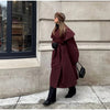 Burgundy Long Trench Coat Women Lapel Double Breasted Belted Waist Cape Collar Overcoat Loose Windbreaker Lady Winter Outerwear
