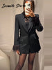 Chic Feather Blazer Pants Set Women Lapel Shoulder Pads Full Sleeve Jacket Pocket Straight Pant Spring Autumn Lady Suit