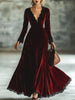 Elegant Velvet Dress for Women's Autumn Casual Sexy V-Neck Vintage Solid Lace Hem High Waist Pleated A-line Evening Dresses