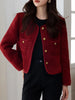 Pirce WineRed Tweed Coats Female Autumn Winter Temperament Short Jacket Korean All-Match O-Neck Outerwear