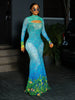 Sexy See Through Dress Women Hollow Hipster Colorful Print Stretch Skinny Midnight Party Clubwear Fishtail Bodycon