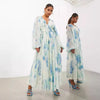Elegant Print Chiffon Long Dresses Women V-neck High Waist Drawstring Folds See Through Long Sleeve Party Dress Female Vestidos