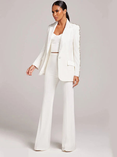 High Street Runway Designer Suit Set Women's Career Style Single Diamonds Beaded Blazer Flare Pants Suit