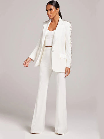 High Street Runway Designer Suit Set Women's Career Style Single Diamonds Beaded Blazer Flare Pants Suit
