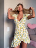 Sexy Floral Printed Mini Dress Women V-neck Flared Sleeve Waist Cinching Ruffle Bodycon Dresses Lady Party Vacation Gowns