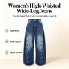 Missuoo Women's Washed Blue High-Waist Metal Grommet Wide Leg Jeans Casual Loose Fit Streetwear Pants Casual Trousers